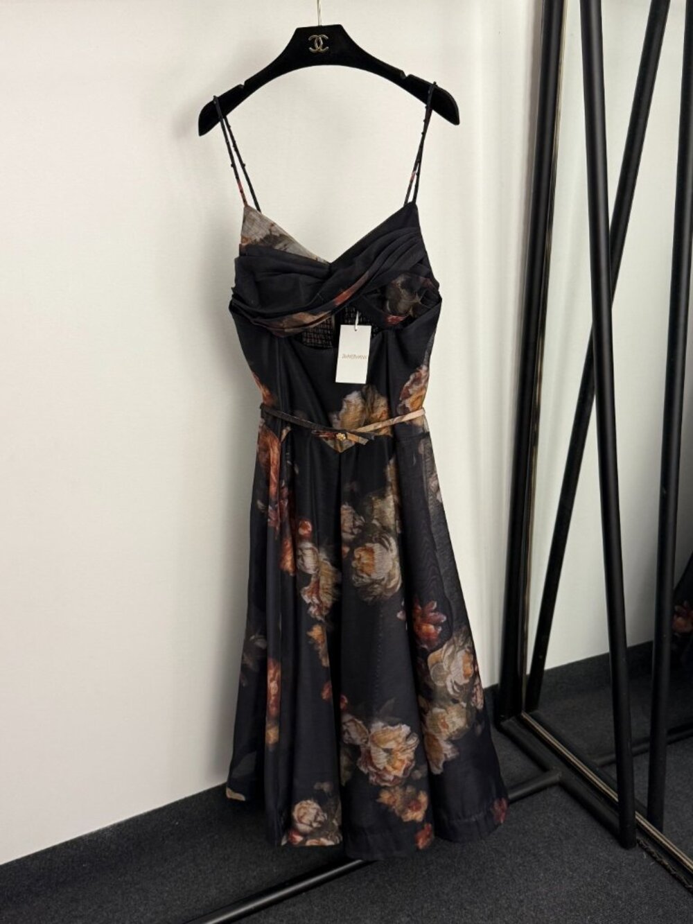 Zimmermann Black Floral Dress White Print Bow Belt Cutout Straps